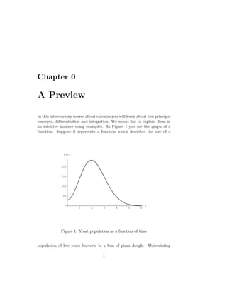 Chapter 0

A Preview

In this introductory course about calculus you will learn about two principal
concepts, diﬀerentiation and integration. We would like to explain them in
an intuitive manner using examples. In Figure 1 you see the graph of a
function. Suppose it represents a function which describes the size of a




               P(t)



             200


             150


             100


              50


                                                               t
                       1      2       3      4      5      6




             Figure 1: Yeast population as a function of time


population of live yeast bacteria in a bun of pizza dough. Abbreviating

                                     1
 