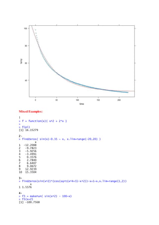 Mixed Examples:
1
> f = function(x){ x^2 + 2*x }
>
> f(pi)
[1] 16.15279
2-
> findZeros( sin(x)-0.35 ~ x, x.lim=range(-20,20) )
x
1 -12.2088
2 -9.7823
3 -5.9256
4 -3.4991
5 0.3576
6 2.7840
7 6.6407
8 9.0672
9 12.9239
10 15.3504
3-
> findZeros(sin(x^2)*(cos(sqrt(x^4+3)-x^2))-x+1~x,x.lim=range(1,2))
x
1 1.5576
4-
> f3 = makeFun( sin(x^2) - 100~x)
> f3(x=2)
[1] -100.7568
 