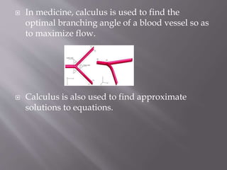  In medicine, calculus is used to find the
optimal branching angle of a blood vessel so as
to maximize flow.
Calculus is also used to find approximate
solutions to equations.
