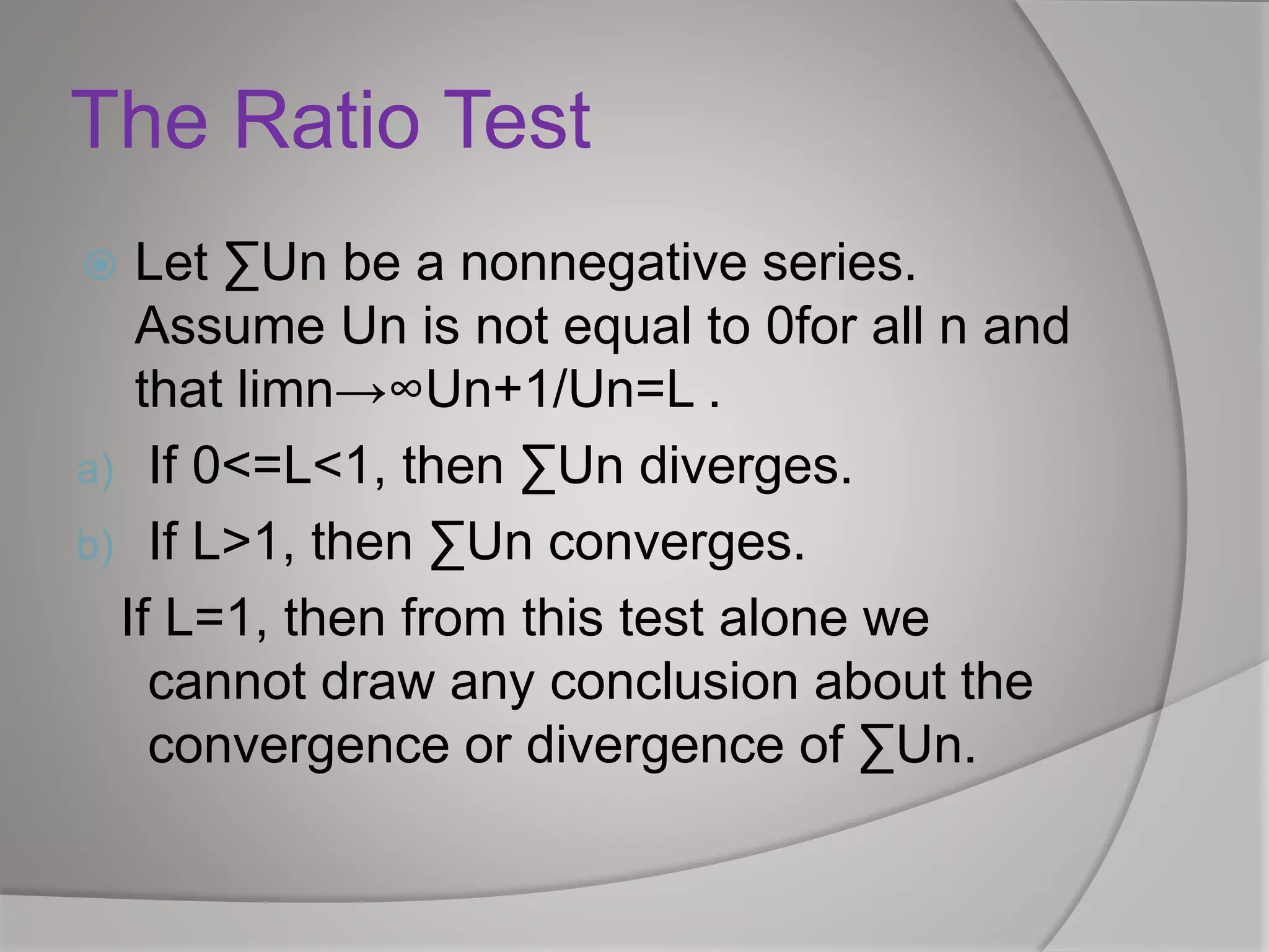 INTEGRAL TEST, COMPARISON TEST, RATIO TEST AND ROOT TEST | PPTX