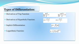 Types of Differentiation:
 Derivatives of Trig Function:
 Derivatives of Hyperbolic Function:
 Implicit Differentiation:
 Logarithmic Function:
 