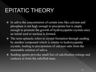  In saliva the concentration of certain ions like calcium and
phosphate is not high enough to precipitate but is ample
enough to promote the growth of hydroxyapatite crystals once
an initial seed or nucleus is formed.
 The term epitactic refers to crystal formation through seeding
by another compound which is similar to hydroxyapatite
crystals, leading to precipitation of calcium salts from the
metastable solution of saliva.
 Seeding agents provoke small foci of calcification enlarge and
coalesce to form the calcified mass.
42
 