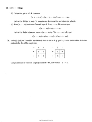 (b) Demuestre que si n>k , entonces
(ia H
-----h aje) + (a k+1 H
----- 1
- a n) — a----- 1
- a n.
Indicación: Utilice la parte (a) para dar una demostración por inducción sobre k.
(c) Sea s(a ,..., cik) una suma formada a partir de a ,..., a*. Demuestre que
, . . . , Ü
Jc) = #1 + •**+ #£•
Indicación: Debe haber dos sumas s a ,...,a/) y ^'(az+i ,..., a*) tales que
*^(^1 5•••?&k) ^ (^1 5•••5 ) "f” ^ (^/+1 5••*7^k) •
25. Suponga que por “número” se entiende sólo el 0 ó el 1, y que + y • son operaciones definidas
mediante las dos tablas siguientes.
20 PARTE I I Prólogo
+ 0 1 •
0 1
0 0 1 0 0 0
1 1 0 1 0 1
Compruebe que se verifican las propiedades P1-P9, aun cuando 1+ 1 = 0.
http://librosysolucionarios.net
 