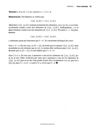 APÉNDICE Pares ordenados
Teorema 1. Si (a,b) = (c,d), entonces a —c y b —d.
Demostración. Por hipótesis se verifica que
{{a}, {a,b}} = {{c}, {c,d}}.
Ahora bien {{a}, {a,b} } contiene justamente dos elementos, {a} y {a, b} y a es el úni­
co elemento común a estos dos elementos de {{0 }, {a,¿}}. Análogamente, c es el
único elemento común a los dos elementos de {{c}, }. Por tanto a = c. Así pues,
tenemos
{{a}, {a,b}} = {{a}, {a,d}},
y solamente queda por demostrar que b = d . Es conveniente distinguir dos casos.
Caso 1. b = a. En este caso, {a,b} = {a}, de modo que el conjunto { {a}, { a , } tiene
en realidad un solo elemento que es {a}. Lo mismo debe verificarse para {{a}, {a,d} },
de modo que {a, d} = {a}9lo cual implica que d = a = b.
Caso 2. b a. En este caso, b pertenece a uno de los elementos de {{a}, {a,b} } pe­
ro no al otro. Debe verificarse por tanto que b pertenece a uno de los elementos de
{{a}, {a,d} } pero no al otro. Esto puede ocurrir sólo si b pertenece a {a,d}9pero no a
{a}; así, pues, b = a o b = d, pero b ^ a, con lo que b —d.M
http://librosysolucionarios.net
 