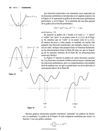 62 parte ii Fundamentos
Las funciones potenciales son solamente casos especiales de
las funciones polinómicas introducidas en el capítulo anterior. En
la Figura 15 se representa la gráfica de dos funciones polinómicas
particulares, y en la Figura 16 se pretende dar una idea general
de la gráfica de la función polinómica
f(x) = ClnX"+ dn-ix"”1H
------
en el caso an > 0.
En general, la gráfica de / tendrá a lo sumo n — 1 “picos”
o “valles” (un “pico” es un punto como el (*,/(;t)) de la Figu­
ra 16, mientras que un “valle” es un punto como el (y,f(y)).
El número de picos y valles puede, en realidad, ser mucho más
Figura 16
(a) (b)
Muchas gráficas interesantes pueden construirse “juntando” las gráficas de funcio­
nes ya estudiadas. La gráfica de la Figura 18 está compuesta totalmente por rectas. La
función / con esta gráfica satisface
'(;) - (- ' r ‘
http://librosysolucionarios.net
 