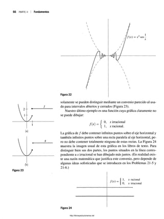 66 PARTE II Fundamentos
(b)
Figura 23










/i 9 1
, / f ( x ) = x s e n -
X
/ / V
/ / 
/ / 
/ / 
/ / 
/ / 
// 
/ 
1/ 
l¡ 
7 
Figura 22
solamente se pueden distinguir mediante un convenio parecido al usa­
do para intervalos abiertos y cerrados (Figura 23).
Nuestro último ejemplo es una función cuya gráfica claramente no
se puede dibujar:
 ( 0, x irracional
 1, x racional.
La gráfica de / debe contener infinitos puntos sobre el eje horizontal y
también infinitos puntos sobre una recta paralela al eje horizontal, pe­
ro no debe contener totalmente ninguna de estas rectas. La Figura 24
muestra la imagen usual de esta gráfica en los libros de texto. Para
distinguir bien sus dos partes, los puntos situados en la línea corres­
pondiente a x irracional se han dibujado más juntos. (En realidad exis­
te una razón matemática que justifica este convenio, pero depende de
algunas ideas sofisticadas que se introducen en los Problemas 21-5 y
21-6.)
^ 1, x racional
[ 0 , x irracional
Figura 24
http://librosysolucionarios.net
 