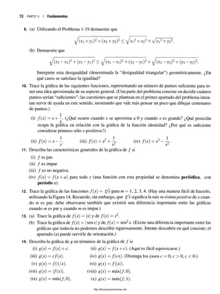 72 PARTEN Fundamentos
9. (a) Utilizando el Problema 1-19 demuestre que
 / ( * i + y  ) 2 + { x i + y i ) 2 < y j x i 2 + x 22 + V + + J ?
(b) Demuestre que
(*3 - * i ) 2 + ( w - y  ) 2 <  J ( x 2 - x i ) 2 + ( j 2 - y  ) 2 +  j f e - x 2) 2 + (y 3 - y i ) 1 -
Interprete esta desigualdad (denominada la “desigualdad triangular”) geométricamente. ¿En
qué casos se satisface la igualdad?
10. Trace la gráfica de las siguientes funciones, representando un número de puntos suficiente para te­
ner una idea aproximada de su aspecto general. (Una parte del problema consiste en decidir cuántos
puntos serían “suficientes”; las cuestiones que se plantean en el primer apartado del problema inten­
tan servir de ayuda en este sentido, mostrando que vale más pensar un poco que dibujar centenares
de puntos.)
(i) /(x) = x + - . (¿Qué ocurre cuando x se aproxima a 0 y cuando x es grande? ¿Qué posición
x
ocupa la gráfica en relación con la gráfica de la función identidad? ¿Por qué es suficiente
considerar primero sólo x positivos?)
(ii) f ( x ) = X - ~ . (iii) f ( x ) = X2 +  . (iv) f (x) — X2 .
•A'
11. Describa las características generales de la gráfica de / si
(i) /esp ar.
(ii) / es impar.
(iii) / es no negativa.
(iv) /(x) = /(x + a) para todo x (una función con esta propiedad se denomina periódica, con
período a).
12. Trace la gráfica de las funciones /(x) = ^fx para m — 1, 2, 3, 4. (Hay una manera fácil de hacerlo,
utilizando la Figura 14. Recuerde, sin embargo, que ^fx significa la raíz m-ésima positiva de x cuan­
do m es par; debe observarse también que existirá una diferencia importante entre las gráficas
cuando m es par y cuando m es impar.)
13. (a) Trace la gráfica de /(x) = |x| y de /(x) = x2.
(b) Trace la gráfica de /(x) = |senx| y de /(x) = sen2x. (Existe una diferencia importante entre las
gráficas que todavía no podemos describir rigurosamente. Intente descubrir en qué consiste; el
apartado (a) puede servirle de orientación.)
14. Describa la gráfica de g en términos de la gráfica de / si
= /(x + c). (Aquí es fácil equivocarse.)
= /(ex). (Distinga los casos c = 0, c > 0, c < 0.)
= /(W )-
= máx(/,0).
= máx(/, 1).
(i) <?(•*):
= f(x) + c. (ü) g(
(iii) g(x) := cf(x). (iv) g(
(V) s M := f ( l / x)- (vi) g(
(vii) s M := l/M I- (viii) g{
(ix) <?(*):= mín(/,0). (X) g(
http://librosysolucionarios.net
 