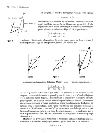 76 p a r t e ii I Fundamentos
Figura 2
En la Figura 2 se muestran dos vectores v y w, así como el punto
( v i + W l , V2 + W2),
al cual hemos representado, por el momento, mediante la notación
usual, sin dibujar ninguna flecha. Observemos que es fácil calcular
la pendiente de la recta L definida por el vector v y nuestro nuevo
punto: tal como se indica en la Figura 2, dicha pendiente es
(V2 + W2 ) - V 2 _ W2
( v  + W  ) — V W ’
y es igual, evidentemente, a la pendiente de nuestro vector w, que va desde el origen O
hasta el punto (w , w2). En otras palabras, la recta L es paralela a w.
Análogamente, la pendiente de la recta M entre (w, w2) y nuestro nuevo punto es
(V2 + W 2 ) ~ W 2 _ V2
( v i + W i ) — V2 V
que es la pendiente del vector v; por tanto M es paralela a En resumen, el nue­
vo punto v + w está situado en el paralelogramo de lados v y w. Cuando dibujamos
v + w como una flecha (Figura 3), ésta apunta en la dirección de la diagonal de dicho
paralelogramo. En física los vectores se utilizan para simbolizar fuerzas, y la suma de
dos vectores representa la fuerza resultante de aplicar simultáneamente dos fuerzas di­
ferentes sobre el mismo objeto. En la Figura 4 se muestra otra manera de visualizar la
suma v + w. Si utilizamos el símbolo “iu” para representar una flecha paralela a w y de
la misma longitud, que parte de v en lugar del origen, entonces v + w cs el vector que va
de O al punto extremo final; por tanto, obtenemos v + w siguiendo primero a v y luego
siguiendo a w.
Muchas de las propiedades de la suma + de números ordinarios también las posee
esta nueva + de vectores. Por ejemplo, es obvio que se verifica la “ley conmutativa”
v + w = w + v,
http://librosysolucionarios.net
 