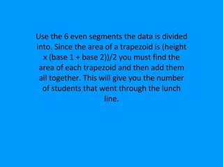 Use the 6 even segments the data is divided into. Since the area of a trapezoid is (height x (base 1 + base 2))/2 you must find the area of each trapezoid and then add them all together. This will give you the number of students that went through the lunch line. 