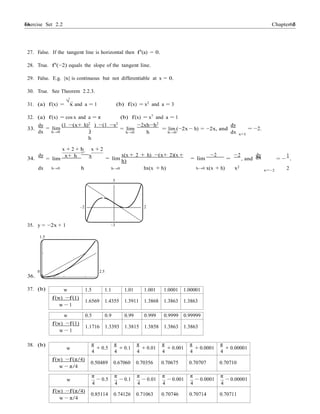 Exercise Set 2.2 6666 Chapter 2
w 1.5 1.1 1.01 1.001 1.0001 1.00001
f(w) −f(1)
w − 1
1.6569 1.4355 1.3911 1.3868 1.3863 1.3863
w
π
+ 0.5
4
π
+ 0.1
4
π
+ 0.01
4
π
+ 0.001
4
π
+ 0.0001
4
π
+ 0.00001
4
f(w) −f(π/4)
w − π/4
0.50489 0.67060 0.70356 0.70675 0.70707 0.70710
w
π
− 0.5
π
− 0.1
π
− 0.01
π
− 0.001
π
− 0.0001
π
− 0.00001
f(w) −f(π/4)
w − π/4
0.85114 0.74126 0.71063 0.70746 0.70714 0.70711
dx
dx
27. False. If the tangent line is horizontal then f0
(a) = 0.
28. True. f0
(−2) equals the slope of the tangent line.
29. False. E.g. |x| is continuous but not differentiable at x = 0.
30. True. See Theorem 2.2.3.
31. (a) f(x) =
√
x and a = 1 (b) f(x) = x2
and a = 3
32. (a) f(x) = cos x and a = π (b) f(x) = x7 and a = 1
33.
dy
= lim
dx h→0
(1 −(x+ h)2
) −(1 −x2
)
h
= lim
h→0
−2xh−h2
h
= lim (−2x − h) = −2x, and
h→0
dy
x=1
= −2.
x + 2 + h x + 2
34.
dy
= lim
x+ h
−
x
= lim
x(x + 2 + h) −(x+ 2)(x +
h) = lim
−2
=
−2
, and
dy 1
= − .
dx h→0 h h→0 hx(x + h) h→0 x(x + h) x2
x=−2 2
5
–2 2
35. y = −2x + 1 –3
1.5
36.
0 2.5
0
37. (b)
w 0.5 0.9 0.99 0.999 0.9999 0.99999
f(w) −f(1)
w − 1
1.1716 1.3393 1.3815 1.3858 1.3863 1.3863
38. (b)
4 4 4 4 4 4
 