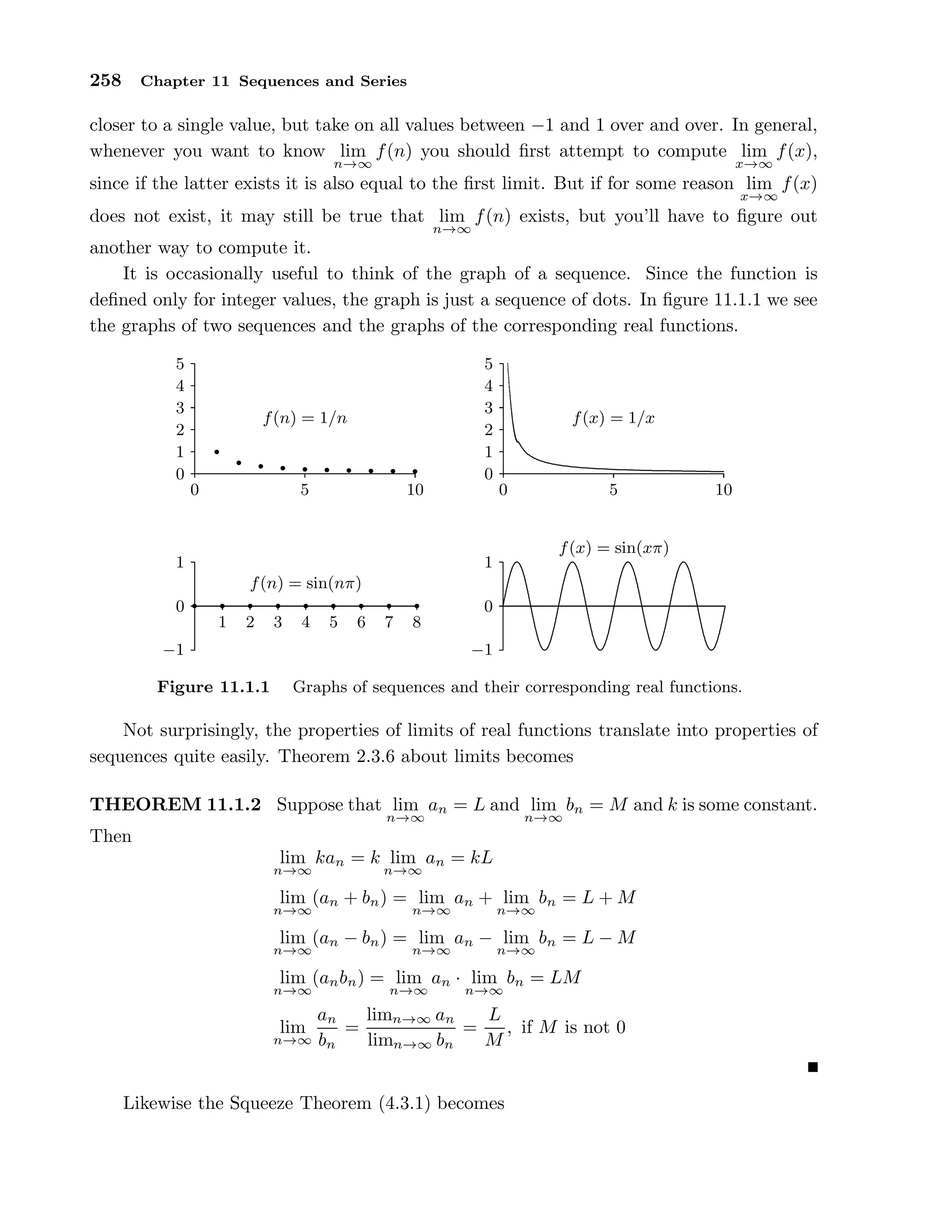 258 Chapter 11 Sequences and Series
closer to a single value, but take on all values between −1 and 1 over and over. In general,
whenever you want to know lim
n→∞
f(n) you should ﬁrst attempt to compute lim
x→∞
f(x),
since if the latter exists it is also equal to the ﬁrst limit. But if for some reason lim
x→∞
f(x)
does not exist, it may still be true that lim
n→∞
f(n) exists, but you’ll have to ﬁgure out
another way to compute it.
It is occasionally useful to think of the graph of a sequence. Since the function is
deﬁned only for integer values, the graph is just a sequence of dots. In ﬁgure 11.1.1 we see
the graphs of two sequences and the graphs of the corresponding real functions.
0
1
2
3
4
5
0 5 10
.............................................................................................................................................................................................................................................................................................................................................................................................................
f(x) = 1/x
0
1
2
3
4
5
0 5 10
•
• • • • • • • • •
f(n) = 1/n
−1
0
1
.......................................................................................................................................................................................................................................................................................................................................................................................................................................................................................................................................................................................................................................................................................................................................................................................................................................................................................................................................................................................................................................................
f(x) = sin(xπ)
−1
0
1
1 2 3 4 5 6 7 8
• • • • • • • • •
f(n) = sin(nπ)
Figure 11.1.1 Graphs of sequences and their corresponding real functions.
Not surprisingly, the properties of limits of real functions translate into properties of
sequences quite easily. Theorem 2.3.6 about limits becomes
THEOREM 11.1.2 Suppose that lim
n→∞
an = L and lim
n→∞
bn = M and k is some constant.
Then
lim
n→∞
kan = k lim
n→∞
an = kL
lim
n→∞
(an + bn) = lim
n→∞
an + lim
n→∞
bn = L + M
lim
n→∞
(an − bn) = lim
n→∞
an − lim
n→∞
bn = L − M
lim
n→∞
(anbn) = lim
n→∞
an · lim
n→∞
bn = LM
lim
n→∞
an
bn
=
limn→∞ an
limn→∞ bn
=
L
M
, if M is not 0
Likewise the Squeeze Theorem (4.3.1) becomes
 