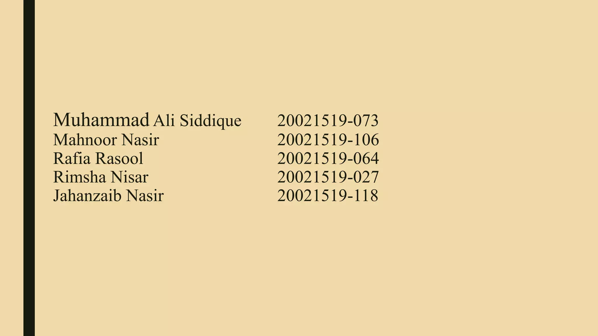 Muhammad Ali Siddique 20021519-073
Mahnoor Nasir 20021519-106
Rafia Rasool 20021519-064
Rimsha Nisar 20021519-027
Jahanzaib Nasir 20021519-118
 