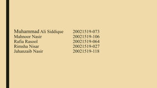 Muhammad Ali Siddique 20021519-073
Mahnoor Nasir 20021519-106
Rafia Rasool 20021519-064
Rimsha Nisar 20021519-027
Jahanzaib Nasir 20021519-118
 