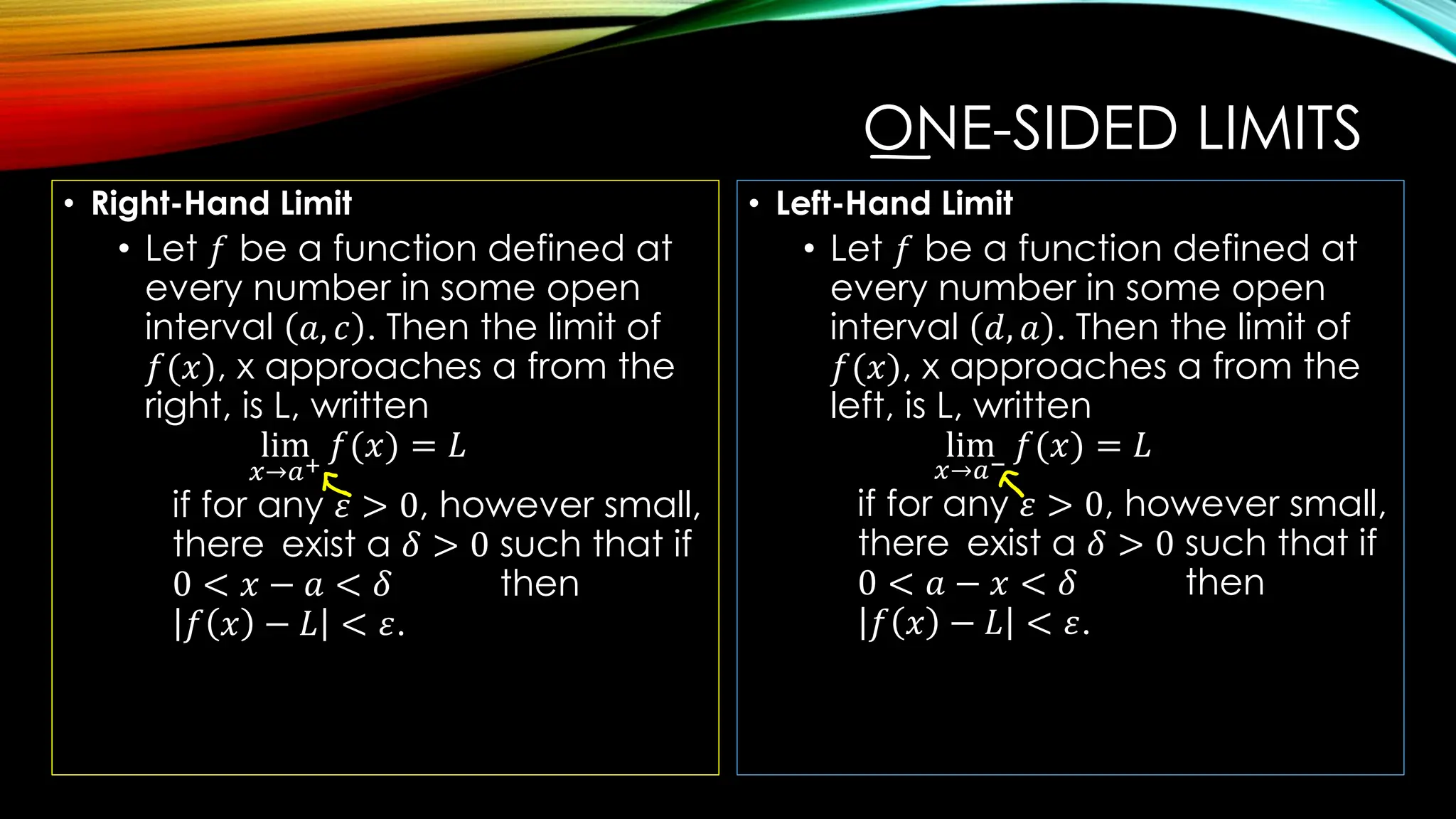 ONE-SIDED LIMITS
• Right-Hand Limit
• Let 𝑓 be a function defined at
every number in some open
interval 𝑎, 𝑐 . Then the limit of
𝑓(𝑥), x approaches a from the
right, is L, written
lim
𝑥→𝑎+
𝑓(𝑥) = 𝐿
if for any 𝜀 > 0, however small,
there exist a 𝛿 > 0 such that if
0 < 𝑥 − 𝑎 < 𝛿 then
𝑓 𝑥 − 𝐿 < 𝜀.
• Left-Hand Limit
• Let 𝑓 be a function defined at
every number in some open
interval 𝑑, 𝑎 . Then the limit of
𝑓(𝑥), x approaches a from the
left, is L, written
lim
𝑥→𝑎−
𝑓(𝑥) = 𝐿
if for any 𝜀 > 0, however small,
there exist a 𝛿 > 0 such that if
0 < 𝑎 − 𝑥 < 𝛿 then
𝑓 𝑥 − 𝐿 < 𝜀.
 