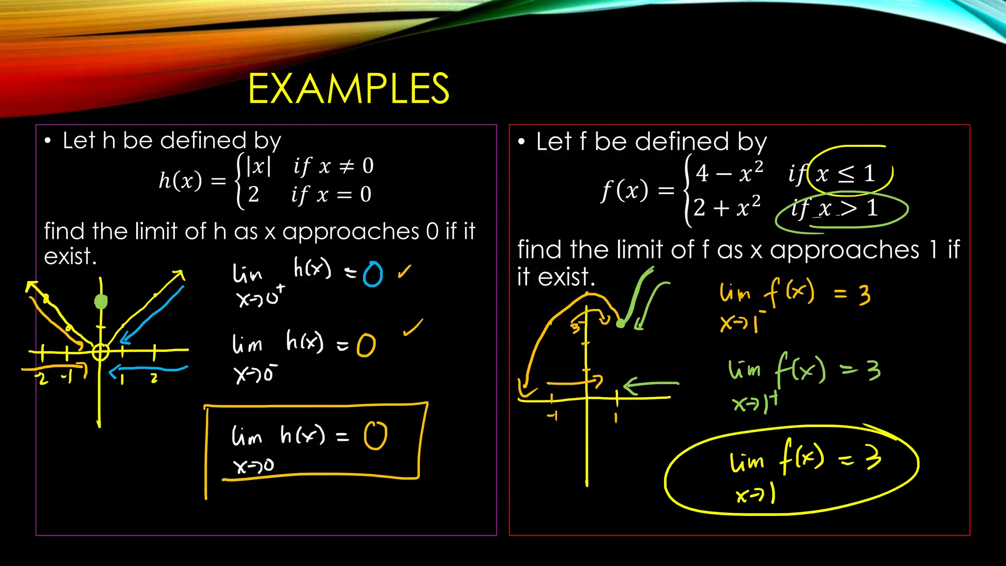 EXAMPLES
• Let h be defined by
ℎ 𝑥 = ቊ
𝑥 𝑖𝑓 𝑥 ≠ 0
2 𝑖𝑓 𝑥 = 0
find the limit of h as x approaches 0 if it
exist.
• Let f be defined by
𝑓 𝑥 = ൝
4 − 𝑥2
𝑖𝑓 𝑥 ≤ 1
2 + 𝑥2
𝑖𝑓 𝑥 > 1
find the limit of f as x approaches 1 if
it exist.
 