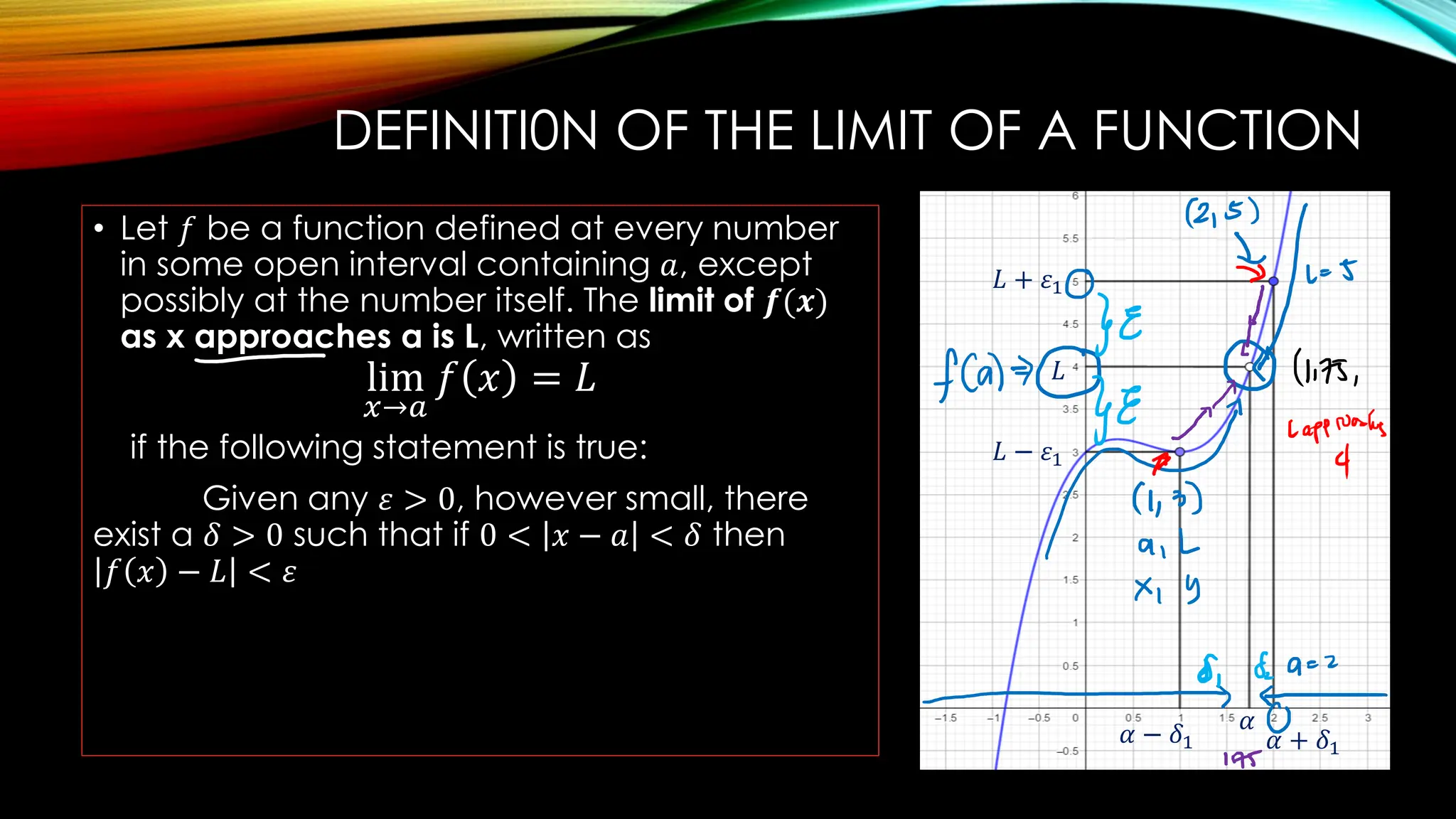 DEFINITI0N OF THE LIMIT OF A FUNCTION
• Let 𝑓 be a function defined at every number
in some open interval containing 𝑎, except
possibly at the number itself. The limit of 𝒇(𝒙)
as x approaches a is L, written as
lim
𝑥→𝑎
𝑓 𝑥 = 𝐿
if the following statement is true:
Given any 𝜀 > 0, however small, there
exist a 𝛿 > 0 such that if 0 < 𝑥 − 𝑎 < 𝛿 then
𝑓 𝑥 − 𝐿 < 𝜀
𝐿 + 𝜀1
𝐿 − 𝜀1
𝐿
𝛼 − 𝛿1 𝛼 + 𝛿1
𝛼
 