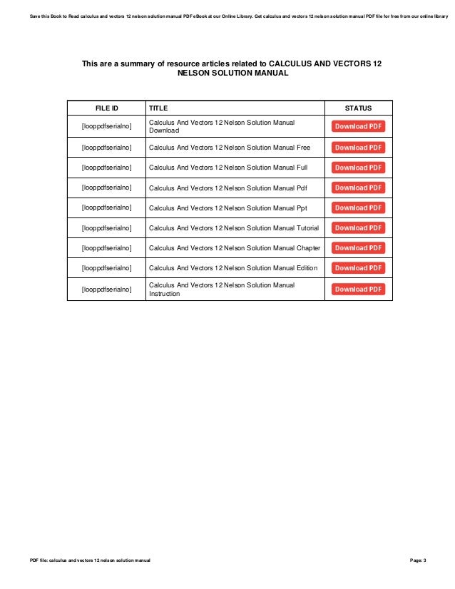 Calculus and vectors 12 nelson solution manual Calculus and vectors 12 nelson solution manual
