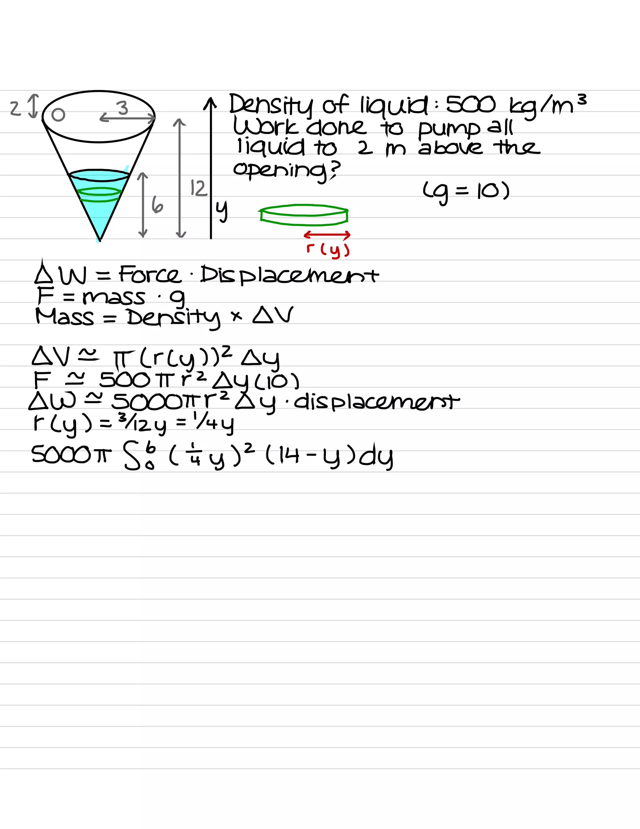 21 3 ^
Density of liquid : 500
kg1m3< > ^
Work done to pump all
liquid to 2 m above the
- ^ Opening ?
=
12 (
g= 10 )
6
y I
✓ v
=r ( y )
AW = Force .
Displacement
F = mass
.
g
Mass =
Density XOV
DV a
IT ( rcy ) )2 Lsy
F a 5001T
r2Dy(10 )
owe
SOOOTRZOY
.
displacement
r ( y ) =3hzy=Y4y
5000T Sob ( tty )2 ( 14 -
y )dy
 