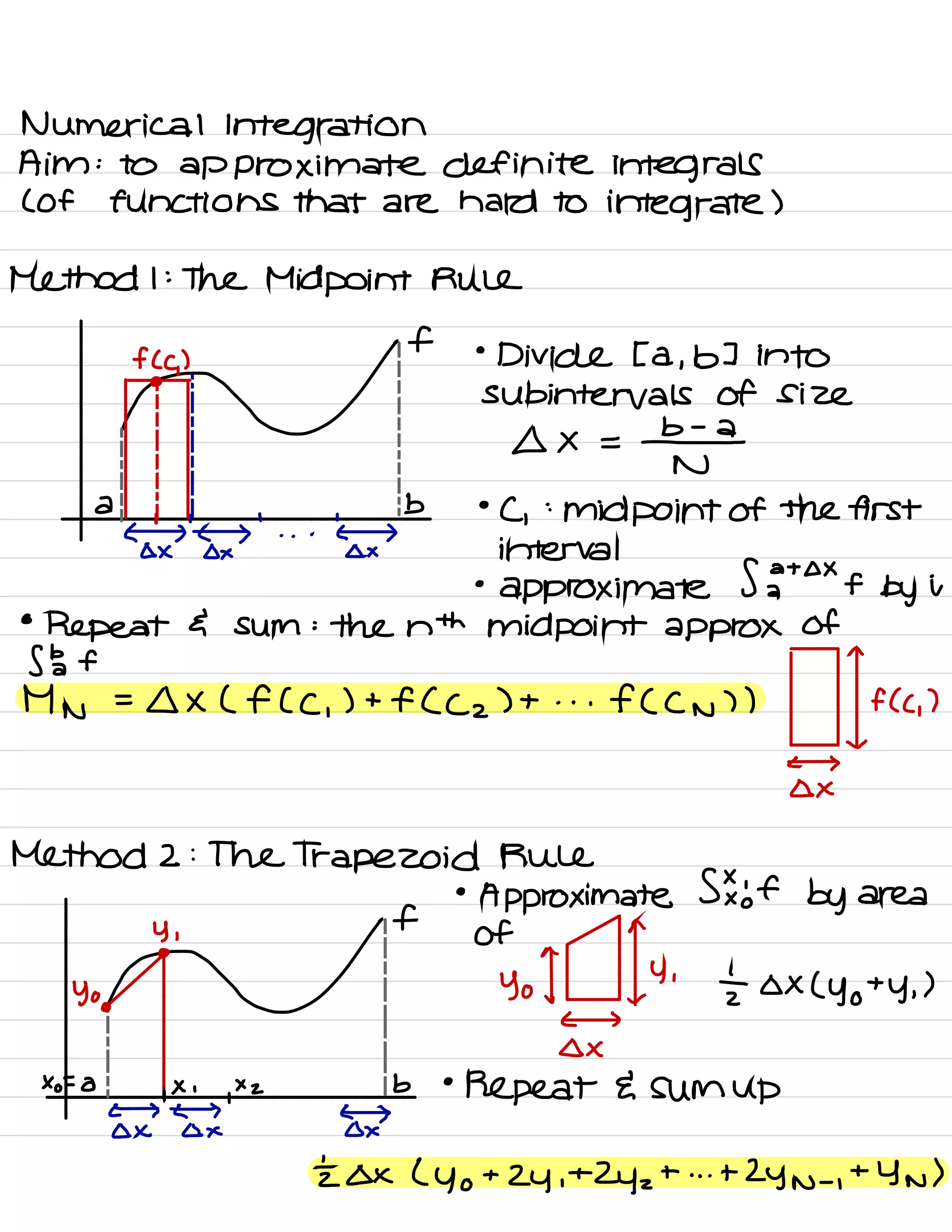 Numerical Integration
Aim :
to approximate definite integrals
( of functions that are hard to integrate )
Method I :
The Midpoint Rule
f
fcc ) -
•
Divide [ a ,
b ] into
F=✓=
Sub intervals of size
.
. -
-
- -
-
ox =
be
-
- -
=
- - -
-
N
IFT,
. .
.
.
=b •
C ,
:
midpoint of the first
< ) a > a >
ox ox ox interval
•
approximate SE+0×f by i
•
Repeat } sum :
the nth midpoint approx of
Sba f
^
MN =
DX ( f ( C ,
) + f ( ( z
) + . .
.
f ( Cn ) ) FC ( ,
)
< >
-
ox
Method 2 : The Trapezoid Rule
f
•
Approximate SI'of by area
Y , - Of
^
•
-
^
Y%~=
You-4
'
ztoxcyoty ,
)
-
C >
-
.
-
ox
xo=a=,x ,
,xz
To •
Repeat ESUMUP
c > a > < >
ox ox Ox
£ ox ( yo
+
24 ,
+
Zyzt . . . +
ZYN -
,
+
YN )
 