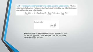 As x approaches 0, the values of f (x) = |x|/x approach −1 from
the left and approach 1 from the right.Thus, the one-sided
limits at 0 are not the same.
 