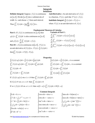 Calculus Cheat Sheet

                                                                    Integrals
                                             Definitions
Definite Integral: Suppose f ( x ) is continuous     Anti-Derivative : An anti-derivative of f ( x )
on [ a, b] . Divide [ a, b ] into n subintervals of                            is a function, F ( x ) , such that F ¢ ( x ) = f ( x ) .
width D x and choose x from each interval.                                     Indefinite Integral : ò f ( x ) dx = F ( x ) + c
                                        *
                                        i
                                        ¥
                                                                               where F ( x ) is an anti-derivative of f ( x ) .
              ò a f ( x ) dx = n å f ( x ) D x .
                  b                          *
Then                           lim           i
                                   ®¥
                                   i    =1


                                        Fundamental Theorem of Calculus
Part I : If f ( x ) is continuous on [ a, b ] then           Variants of Part I :
                                                              d u( x)
                                                                          f ( t ) dt = u ¢ ( x ) f éu ( x ) ù
                                                             dx ò a
            x
g ( x ) = ò f ( t ) dt is also continuous on [ a, b ]                                              ë           û
           a
                d x                                           d b
                                                                         f ( t ) dt = -v¢ ( x ) f év ( x ) ù
                                                             dx ò v( x )
and g ¢ ( x ) =     òa f ( t ) dt = f ( x ) .                                                        ë          û
                dx
Part II : f ( x ) is continuous on [ a, b ] , F ( x ) is      d u( x)
                                                                          f ( t ) dt = u ¢ ( x ) f [ u ( x ) ] - v¢ ( x ) f [ v ( x ) ]
                                                             dx ò v( x )
an anti-derivative of f ( x ) (i.e. F ( x ) = ò f ( x ) dx )
              b
then ò f ( x ) dx = F ( b ) - F ( a ) .
              a


                                                                    Properties
ò f ( x ) ± g ( x ) dx = ò f ( x ) dx ± ò g ( x ) dx                             ò cf ( x ) dx = c ò f ( x ) dx , c is a constant
  b                         b                b                                     b                  b
òa  f ( x ) ± g ( x ) dx = ò f ( x ) dx ± ò g ( x ) dx                           òa  cf ( x ) dx = c ò f ( x ) dx , c is a constant
                            a                a                                                        a
  a                                                                                b                  b
òa     f ( x ) dx = 0                                                            òa     f ( x ) dx = ò f ( t ) dt
                                                                                                      a
  b                            a
ò a f ( x ) dx = -òb f ( x ) dx
                                                                                    b                     b
                                                                                  ò f ( x ) dx £ ò
                                                                                   a                   a
                                                                                                              f ( x ) dx
                                                      b                 a
If f ( x ) ³ g ( x ) on a £ x £ b then               ò f ( x ) dx ³ ò g ( x ) dx
                                                      a                b
                                                 b
If f ( x ) ³ 0 on a £ x £ b then             ò f ( x ) dx ³ 0
                                                 a
                                                                           b
If m £ f ( x ) £ M on a £ x £ b then m ( b - a ) £ ò f ( x ) dx £ M ( b - a )
                                                                        a



                                                             Common Integrals
ò k dx = k x + c                                          ò cos u du = sin u + c                       ò tan u du = ln sec u + c
ò x dx = n+1 x + c, n ¹ -1                                ò sin u du = - cos u + c                     ò sec u du = ln sec u + tan u + c
    n        1    n           +1



ò x dx = ò x dx = ln x + c                                ò sec u du = tan u + c                       ò a + u du = a tan ( a ) + c
      -1                  1                                     2                                                 1           u
                                                                                                                              1       -1
                                                                                                              2       2


ò a x + b dx = a ln ax + b + c
          1               1
                                                          ò sec u tan u du = sec u + c                 ò a - u du = sin ( a ) + c
                                                                                                            1
                                                                                                                  2       2
                                                                                                                             u       -1



ò ln u du = u ln ( u ) - u + c                            ò csc u cot udu = - csc u + c
ò e du = e + c                                            ò csc u du = - cot u + c
      u               u                                         2




Visit http://tutorial.math.lamar.edu for a complete set of Calculus notes.                                                        © 2005 Paul Dawkins
 