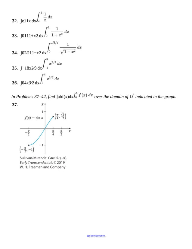 32. ∫e11x dx
33. ∫0111+x2 dx
34. ∫02⁄211−x2 dx
35. ∫−18x2⁄3 dx
36. ∫04x3⁄2 dx
In Problems 37–42, find ∫abf(x)dx over the domain of f indicated in the graph.
37.
@Seismicisolation
@Seismicisolation
 