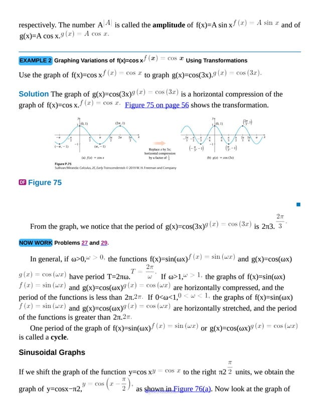 respectively. The number A is called the amplitude of f(x)=A sin x and of
g(x)=A cos x.
EXAMPLE 2 Graphing Variations of f(x)=cos x Using Transformations
Use the graph of f(x)=cos x to graph g(x)=cos(3x).
Solution The graph of g(x)=cos(3x) is a horizontal compression of the
graph of f(x)=cos x. Figure 75 on page 56 shows the transformation.
Figure 75
▪
From the graph, we notice that the period of g(x)=cos(3x) is 2π3.
NOW WORK Problems 27 and 29.
In general, if ω>0, the functions f(x)=sin(ωx) and g(x)=cos(ωx)
have period T=2πω. If ω>1, the graphs of f(x)=sin(ωx)
and g(x)=cos(ωx) are horizontally compressed, and the
period of the functions is less than 2π. If 0<ω<1, the graphs of f(x)=sin(ωx)
and g(x)=cos(ωx) are horizontally stretched, and the period
of the functions is greater than 2π.
One period of the graph of f(x)=sin(ωx) or g(x)=cos(ωx)
is called a cycle.
Sinusoidal Graphs
If we shift the graph of the function y=cos x to the right π2 units, we obtain the
graph of y=cosx−π2, as shown in Figure 76(a). Now look at the graph of
@Seismicisolation
@Seismicisolation
 