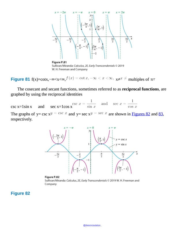 Figure 81 f(x)=cotx,−∞<x<∞, x≠ multiples of π
The cosecant and secant functions, sometimes referred to as reciprocal functions, are
graphed by using the reciprocal identities
csc x=1sin x and sec x=1cos x
The graphs of y= csc x and y= sec x are shown in Figures 82 and 83,
respectively.
Figure 82
@Seismicisolation
@Seismicisolation
 