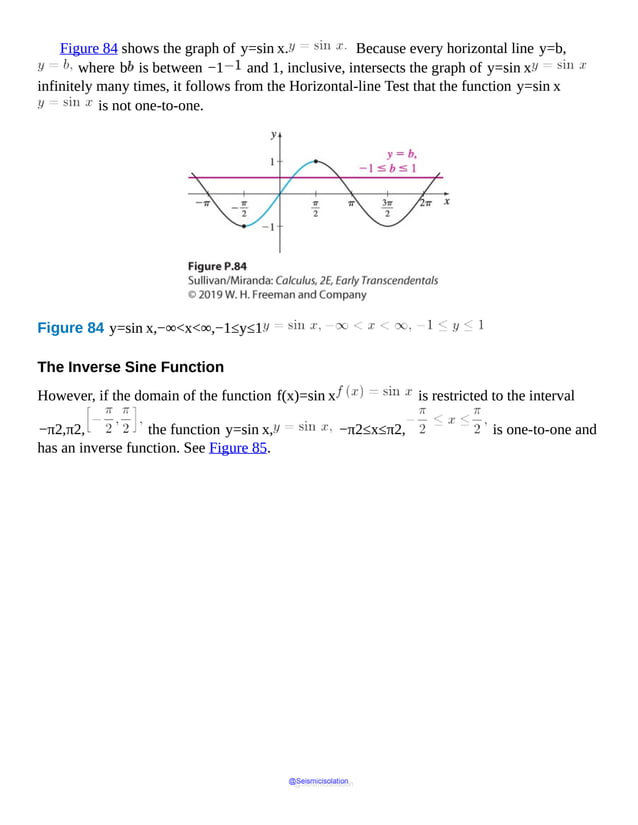 Figure 84 shows the graph of y=sin x. Because every horizontal line y=b,
where b is between −1 and 1, inclusive, intersects the graph of y=sin x
infinitely many times, it follows from the Horizontal-line Test that the function y=sin x
is not one-to-one.
Figure 84 y=sin x,−∞<x<∞,−1≤y≤1
The Inverse Sine Function
However, if the domain of the function f(x)=sin x is restricted to the interval
−π2,π2, the function y=sin x, −π2≤x≤π2, is one-to-one and
has an inverse function. See Figure 85.
@Seismicisolation
@Seismicisolation
 