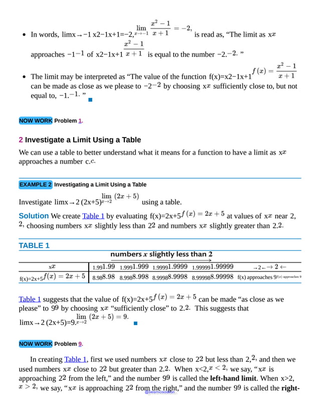 In words, limx→−1 x2−1x+1=−2, is read as, “The limit as x
approaches −1 of x2−1x+1 is equal to the number −2. ”
The limit may be interpreted as “The value of the function f(x)=x2−1x+1
can be made as close as we please to −2 by choosing x sufficiently close to, but not
equal to, −1. ”
▪
NOW WORK Problem 1.
2 Investigate a Limit Using a Table
We can use a table to better understand what it means for a function to have a limit as x
approaches a number c.
EXAMPLE 2 Investigating a Limit Using a Table
Investigate limx→2 (2x+5) using a table.
Solution We create Table 1 by evaluating f(x)=2x+5 at values of x near 2,
choosing numbers x slightly less than 2 and numbers x slightly greater than 2.
TABLE 1
x 1.99 1.999 1.9999 1.99999 →2←
f(x)=2x+5 8.98 8.998 8.9998 8.99998 f(x) approaches 9
Table 1 suggests that the value of f(x)=2x+5 can be made “as close as we
please” to 9 by choosing x “sufficiently close” to 2. This suggests that
limx→2 (2x+5)=9. ▪
NOW WORK Problem 9.
In creating Table 1, first we used numbers x close to 2 but less than 2, and then we
used numbers x close to 2 but greater than 2. When x<2, we say, “x is
approaching 2 from the left,” and the number 9 is called the left-hand limit. When x>2,
we say, “x is approaching 2 from the right,” and the number 9 is called the right-
@Seismicisolation
@Seismicisolation
 