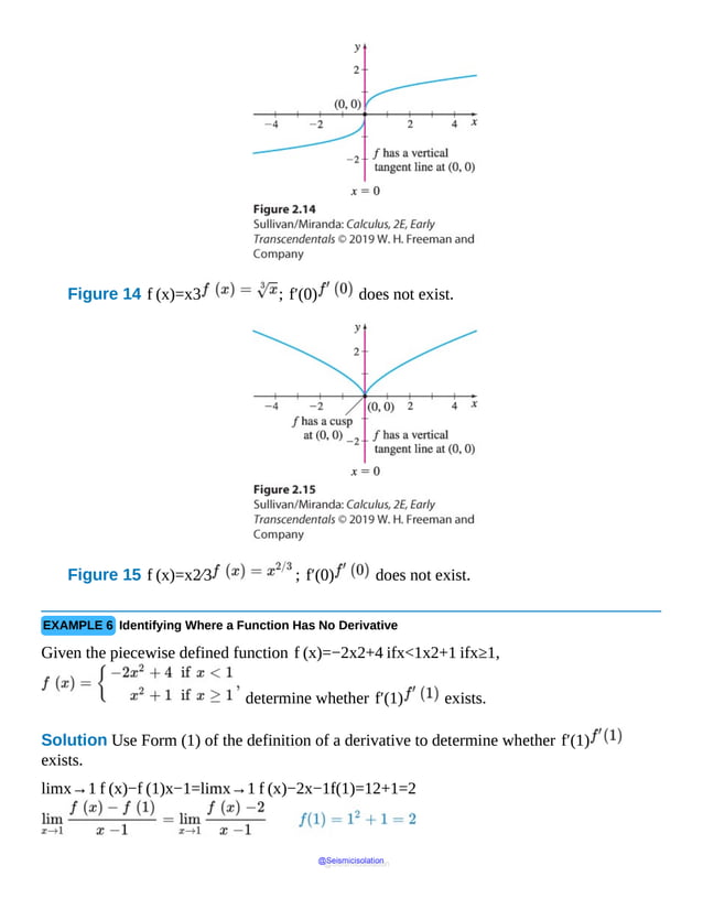 Figure 14 f (x)=x3 ; f′(0) does not exist.
Figure 15 f (x)=x2⁄3 ; f′(0) does not exist.
EXAMPLE 6 Identifying Where a Function Has No Derivative
Given the piecewise defined function f (x)=−2x2+4 ifx<1x2+1 ifx≥1,
determine whether f′(1) exists.
Solution Use Form (1) of the definition of a derivative to determine whether f′(1)
exists.
limx→1 f (x)−f (1)x−1=limx→1 f (x)−2x−1f(1)=12+1=2
@Seismicisolation
@Seismicisolation
 
