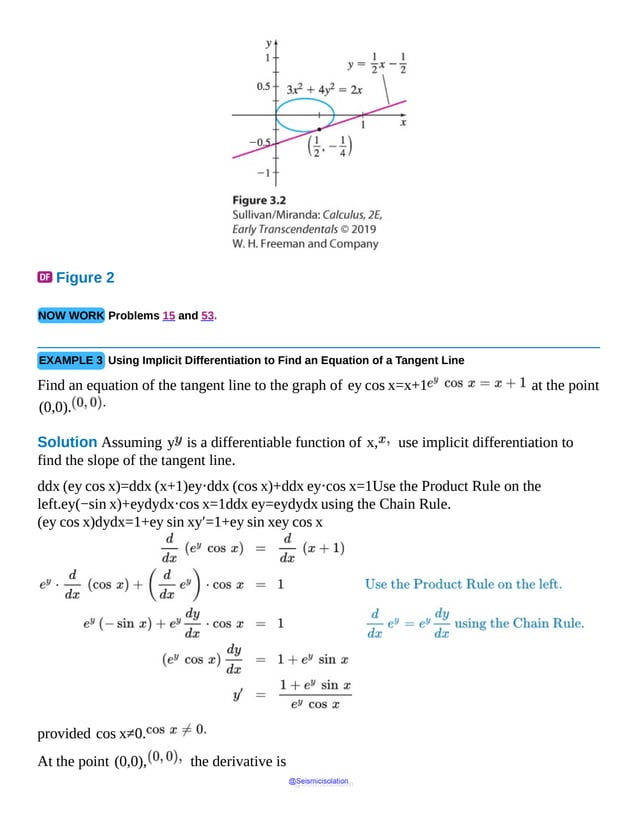 Figure 2
NOW WORK Problems 15 and 53.
EXAMPLE 3 Using Implicit Differentiation to Find an Equation of a Tangent Line
Find an equation of the tangent line to the graph of ey cos x=x+1 at the point
(0,0).
Solution Assuming y is a differentiable function of x, use implicit differentiation to
find the slope of the tangent line.
ddx (ey cos x)=ddx (x+1)ey⋅ddx (cos x)+ddx ey⋅cos x=1Use the Product Rule on the
left.ey(−sin x)+eydydx⋅cos x=1ddx ey=eydydx using the Chain Rule.
(ey cos x)dydx=1+ey sin xy′=1+ey sin xey cos x
provided cos x≠0.
At the point (0,0), the derivative is
@Seismicisolation
@Seismicisolation
 