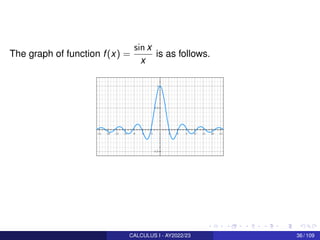 The graph of function f(x) =
sin x
x
is as follows.
CALCULUS I - AY2022/23 36 / 109
 