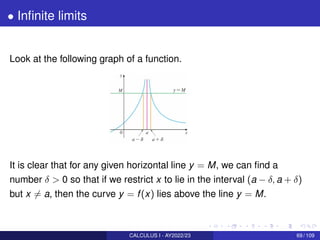 • Infinite limits
Look at the following graph of a function.
It is clear that for any given horizontal line y = M, we can ...