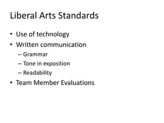 Liberal Arts StandardsUse of technologyWritten communicationGrammarTone in expositionReadabilityTeam Member Evaluations