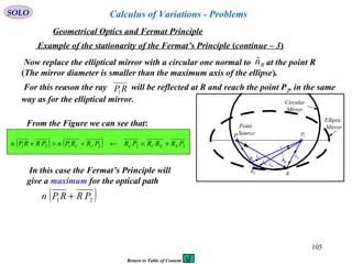105
SOLO
Example of the stationarity of the Fermat’s Principle (continue – 3)
Now replace the elliptical mirror with a circular one normal to at the point R
(The mirror diameter is smaller than the maximum axis of the ellipse).
Rnˆ
For this reason the ray will be reflected at R and reach the point P2, in the same
way as for the elliptical mirror.
RP1
From the Figure we can see that:
In this case the Fermat’s Principle will
give a maximum for the optical path
( )21 PRRPn +
2P
1P
Point
Source
Elliptic
Mirror
Circular
Mirror
R
CR
ER
RnˆCRsˆ
ERsˆ
PRsˆ
Rsˆ
( ) ( ) 222121 PRRRPRPRRPnPRRPn EECCCC +<←+>+
Geometrical Optics and Fermat Principle
Calculus of Variations - Problems
Return to Table of Content
 