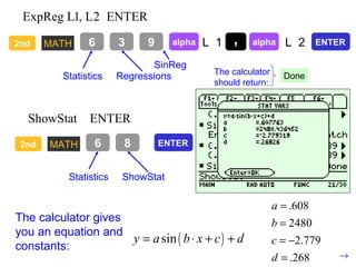 2nd MATH 6 8 Statistics ShowStat The calculator gives you an equation and constants: 2nd MATH 6 3 Statistics Regressions 9 SinReg alpha L  1 alpha L  2 Done The calculator should return: , ENTER ENTER 