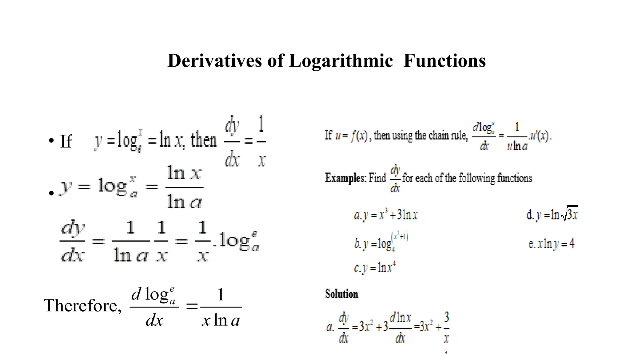 Derivatives of Logarithmic Functions
• If
•
Therefore,
log 1
ln
e
a
d
dx x a

 