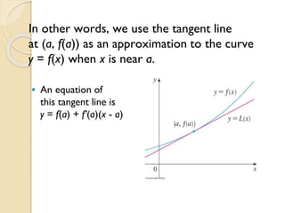 In other words, we use the tangent line
at (a, f(a)) as an approximation to the curve
y = f(x) when x is near a.
 An equation of
this tangent line is
y = f(a) + f’(a)(x - a)
 