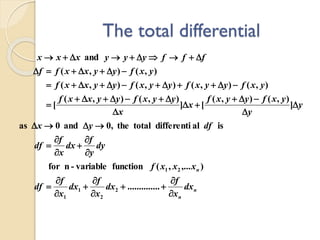 The total differential
..............
),...,(functionvariable-nfor
isaldifferentitotalthe,0and0as
]
),(),(
[]
),(),(
[
),(),(),(),(
),(),(
and
2
2
1
1
21
n
n
n
dx
x
f
dx
x
f
dx
x
f
df
xxxf
dy
y
f
dx
x
f
df
dfyx
y
y
yxfyyxf
x
x
yyxfyyxxf
yxfyyxfyyxfyyxxf
yxfyyxxff
fffyyyxxx


























 