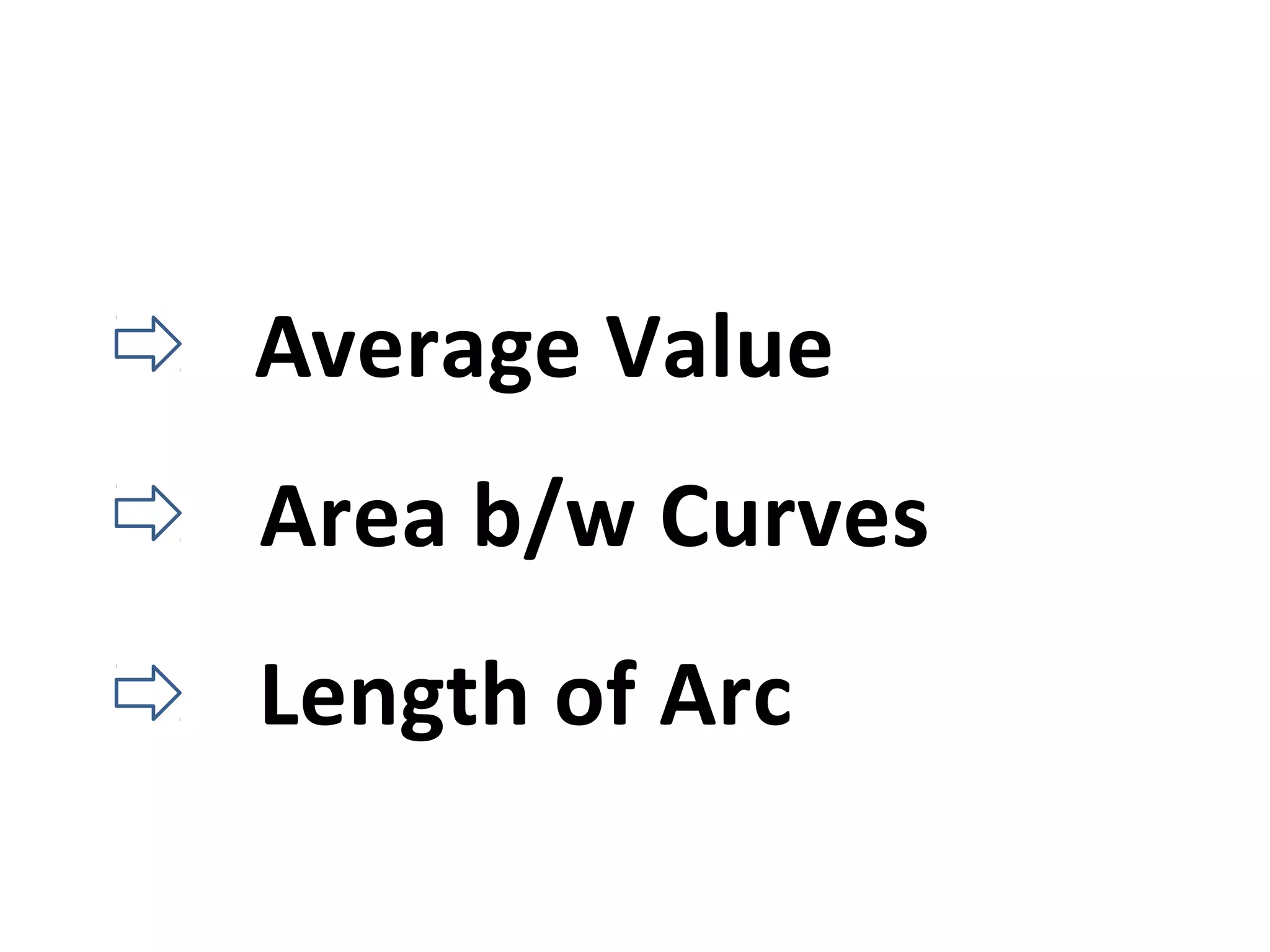 Average Value
Area b/w Curves
Length of Arc
 