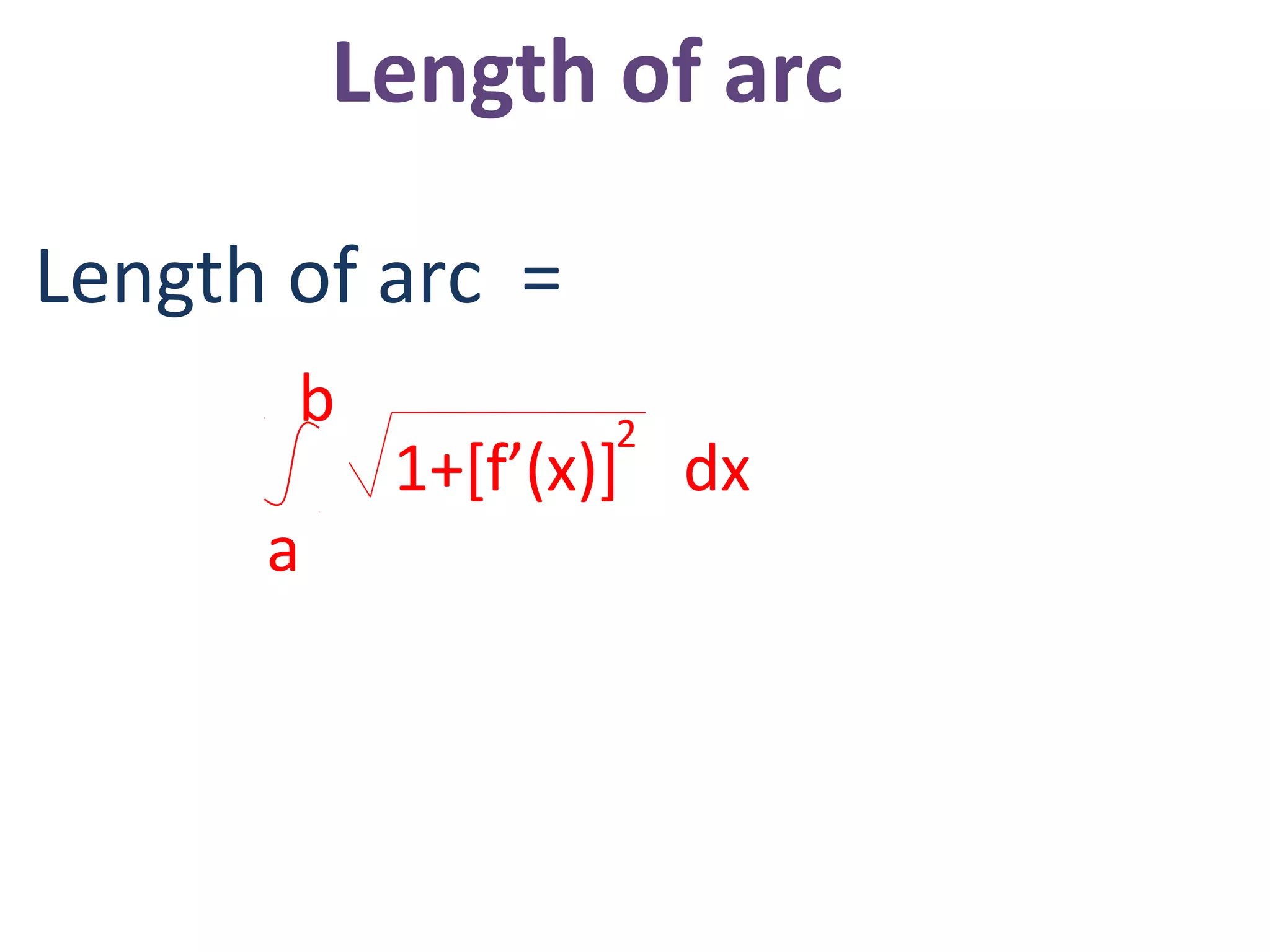 Length of arc
a
b
Length of arc =
1+[f’(x)] dx
2
 