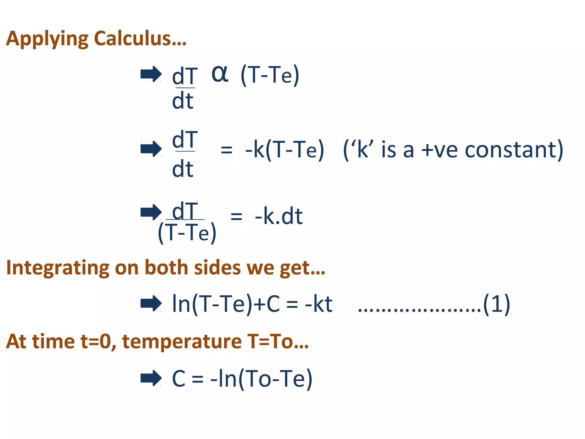 Applying Calculus…
dT (T-Te)α
dt
dT
dt
= -k(T-Te) (‘k’ is a +ve constant)
dT
(T-Te)
= -k.dt
Integrating on both sides we get…
ln(T-Te)+C = -kt
At time t=0, temperature T=To…
C = -ln(To-Te)
…………………(1)
 