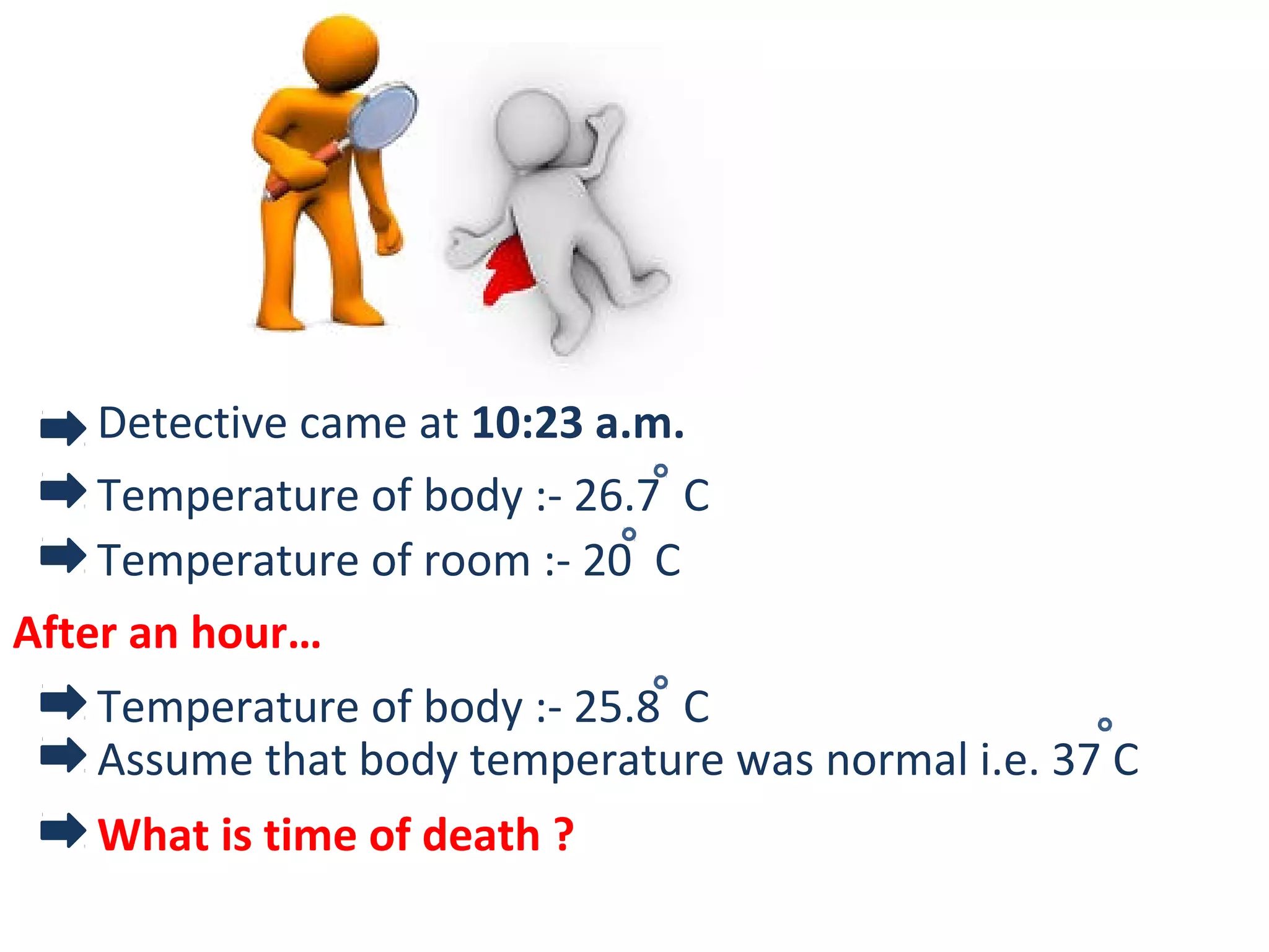 Detective came at 10:23 a.m.
Temperature of body :- 26.7 C
Temperature of room :- 20 C
After an hour…
Temperature of body :- 25.8 C
Assume that body temperature was normal i.e. 37 C
What is time of death ?
 
