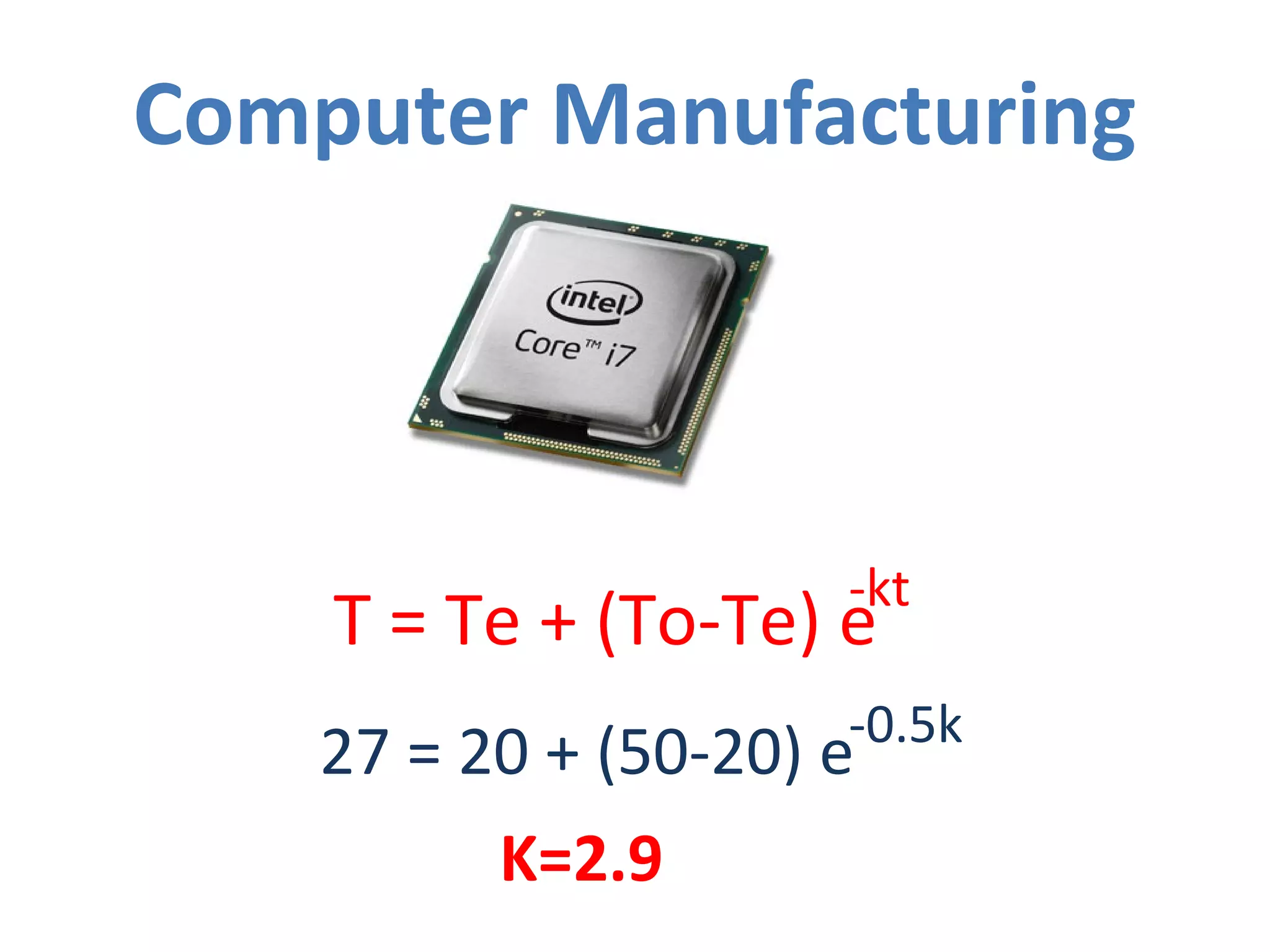 Computer Manufacturing
T = Te + (To-Te) e
-kt
27 = 20 + (50-20) e-0.5k
K=2.9
 