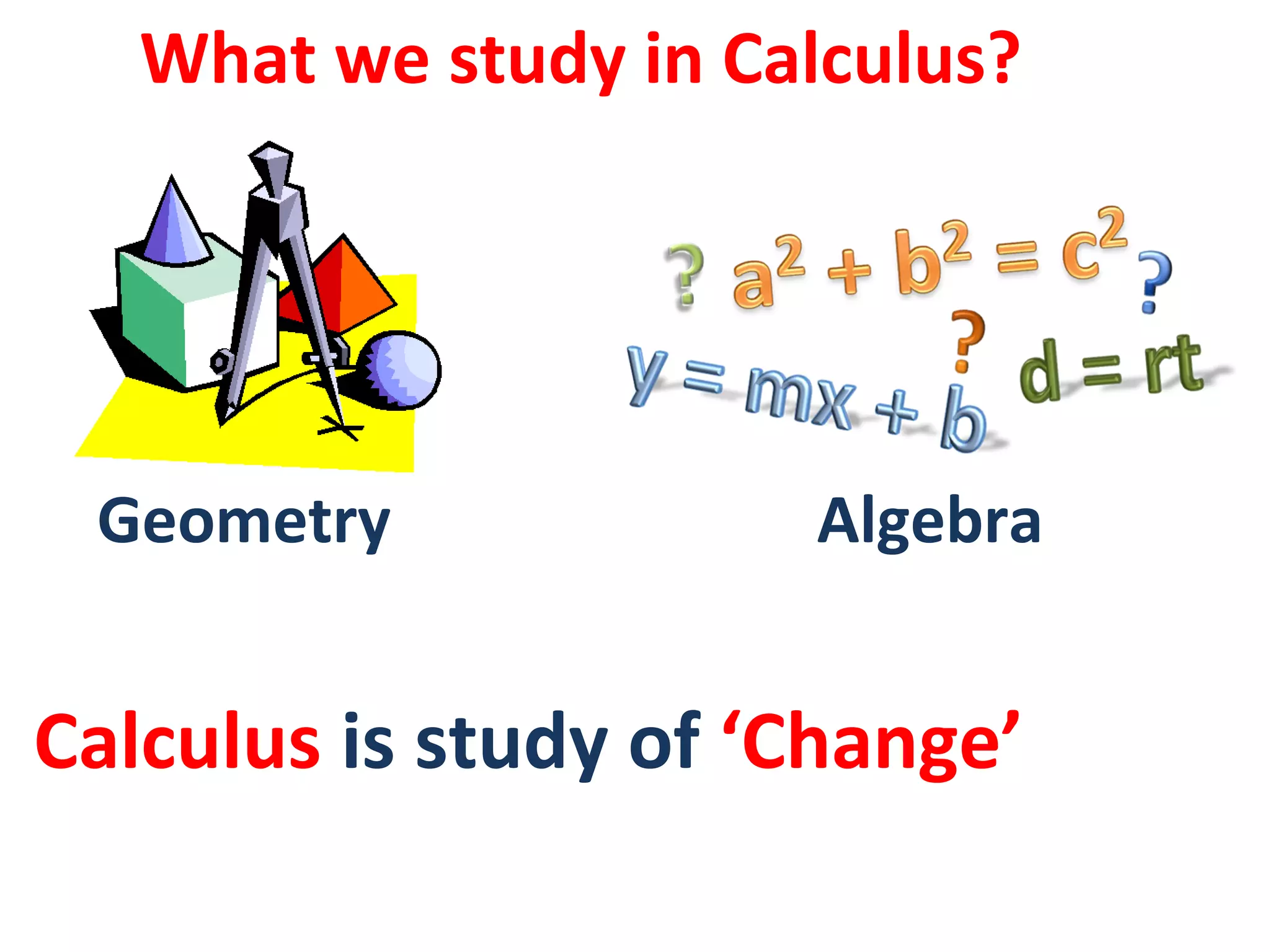 What we study in Calculus?
Geometry Algebra
Calculus is study of ‘Change’
 