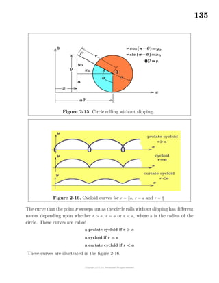 135
Figure 2-15. Circle rolling without slipping.
Figure 2-16. Cycloid curves for r = 3
2 a, r = a and r = a
2
The curve that the point P sweeps out as the circle rolls without slipping has diﬀerent
names depending upon whether r > a, r = a or r < a, where a is the radius of the
circle. These curves are called
a prolate cycloid if r > a
a cycloid if r = a
a curtate cycloid if r < a
These curves are illustrated in the ﬁgure 2-16.
 