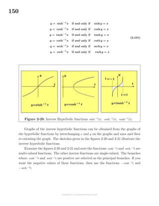 150
y = sinh−1
x if and only if sinhy = x
y = cosh−1
x if and only if coshy = x
y = tanh−1
x if and only if tanhy = x
y = coth −1
x if and only if coth y = x
y = sech−1
x if and only if sechy = x
y = csch−1
x if and only if cschy = x
(2.101)
Figure 2-20. Inverse Hyperbolic functions sinh−1
(t), cosh−1
(t), tanh−1
(t).
Graphs of the inverse hyperbolic functions can be obtained from the graphs of
the hyperbolic functions by interchanging x and y on the graphs and axes and then
re-orienting the graph. The sketches given in the ﬁgures 2-20 and 2-21 illustrate the
inverse hyperbolic functions.
Examine the ﬁgures 2-20 and 2-21 and note the functions cosh−1
t and sech−1
t are
multi-valued functions. The other inverse functions are single-valued. The branches
where cosh−1
t and sech−1
t are positive are selected as the principal branches. If you
want the negative values of these functions, then use the functions − cosh−1
t and
− sech−1
t.
 