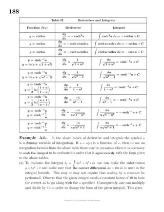 188
Table II Derivatives and Integrals
Function f(u) Derivative Integral
y = cothu
dy
du
= − csch2
u csch2
u du = − cothu + C
y = sechu
dy
du
= − sechu tanhu sechu tanhu du = − sechu + C
y = cschu
dy
du
= − cschu cothu cschu cothu du = − cschu + C
y = sinh−1
u dy
du
=
1
√
1 + u2
du
√
1 + u2
= sinh−1
u + C
y = ln(u + 1 + u2)
y = cosh−1
u dy
du
=
1
√
u2 − 1
du
√
u2 − 1
= cosh−1
u + C
y = ln(u + u2 − 1)
y = tanh−1
u dy
du
=
1
1 − u2
du
1 − u2
= tanh−1
u + C
y =
1
2
ln
1 + u
1 − u
y = coth−1
u dy
du
=
−1
u2 − 1
du
u2 − 1
= − coth−1
u + C
y =
1
2
ln
u + 1
u − 1
y = sech−1
u dy
du
=
−1
u
√
1 − u2
du
u
√
1 − u2
= − sech−1
u + C
y = cosh−1 1
u
y = csch−1
u dy
du
=
−1
u
√
u2 + 1
du
u
√
u2 + 1
= − csch−1
u + C
y = sinh−1
1
u
Example 3-6. In the above tables of derivative and integrals the symbol u
is a dummy variable of integration. If u = u(x) is a function of x, then to use an
integration formula from the above table there may be occasions where it is necessary
to scale the integral to be evaluated in order that it agree exactly with the form given
in the above tables.
(a) To evaluate the integral Ia = (5x2
+ 7)5
x dx one can make the substitution
u = 5x2
+ 7 and make sure that the correct diﬀerential du = 10x dx is used in the
integral formula. This may or may not require that scaling by a constant be
performed. Observe that the given integral needs a constant factor of 10 to have
the correct du to go along with the u speciﬁed. Consequently, one can multiply
and divide by 10 in order to change the form of the given integral. This gives
 