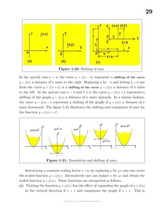 29
Figure 1-20. Shifting of axes.
In the special case k = 0, the curve y = f(x − h) represents a shifting of the curve
y = f(x) a distance of h units to the right. Replacing h by −h and letting k = 0 one
ﬁnds the curve y = f(x + h) is a shifting of the curve y = f(x) a distance of h units
to the left. In the special case h = 0 and k = 0, the curve y = f(x) + k represents a
shifting of the graph y = f(x) a distance of k units upwards. In a similar fashion,
the curve y = f(x) − k represents a shifting of the graph of y = f(x) a distance of k
units downward. The ﬁgure 1-21 illustrates the shifting and translation of axes for
the function y = f(x) = x2
.
Figure 1-21. Translation and shifting of axes.
Introducing a constant scaling factor s > 0, by replacing y by y/s one can create
the scaled function y = sf(x). Alternatively one can replace x by sx and obtain the
scaled function y = f(sx). These functions are interpreted as follows.
(1) Plotting the function y = sf(x) has the eﬀect of expanding the graph of y = f(x)
in the vertical direction if s > 1 and compresses the graph if s < 1. This is
 